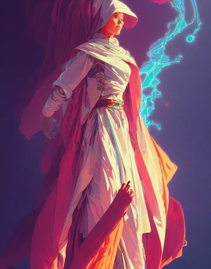 Image similar to a robot monk wearing a flowing cloak, vaporwave aesthetic, colorful, psychedelic, digital painting, artstation, concept art, smooth, sharp focus, illustration, art by artgerm and greg rutkowski and alphonse mucha