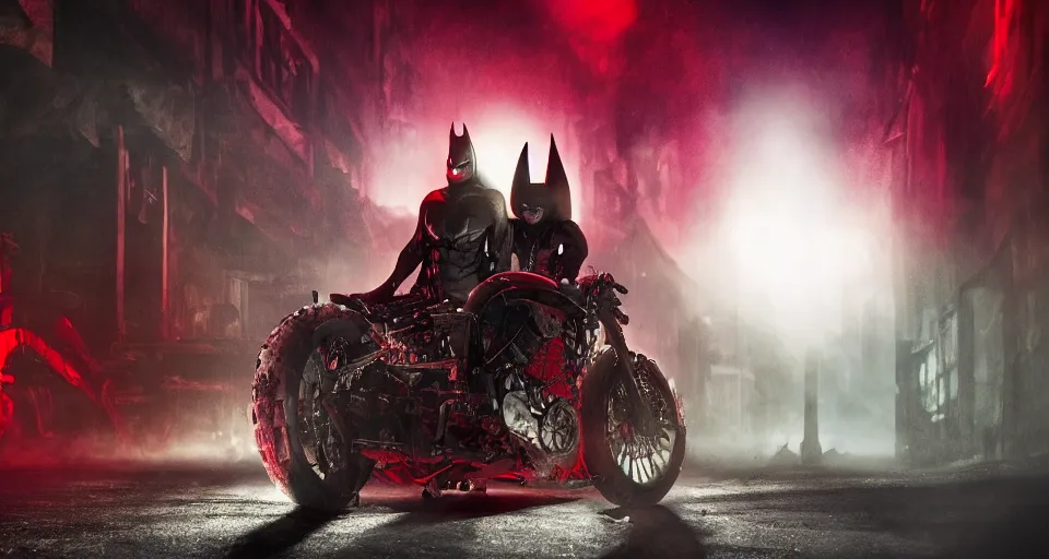 Image similar to The Batman Who Laughs and His Psycho Batcycle In A Dimly Lit Misty Sewer, red fluid, bats, sunset, volumetric lighting, hyperrealistic, beautiful details, HDR, octane render, action shot, wide angle, bokeh, Yasushi Niarasawa Moebius Giger Style