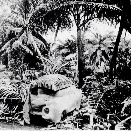 Image similar to a rizom lost film footage of a sacred ( ( ( indigenous ) ) ) artifact in the middle of the ( ( ( ( ( ( ( ( ( ( tropical jungle ) ) ) ) ) ) ) ) ) ) / ethnographic object / film still / cinematic / enhanced / 1 9 0 0 s / black and white / grain