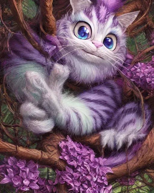 Image similar to an adorable cheshire cat asleep in a tree | highly detailed | very intricate | symmetrical | whimsical and magical | soft cinematic lighting | award - winning | closeup portrait | wonderland | painted by donato giancola and paul lehr and ross tran | pastel color palette | featured on artstation