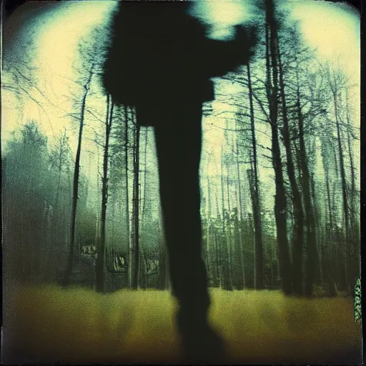 Image similar to eerie polaroid of a man floating above the forest at dusk