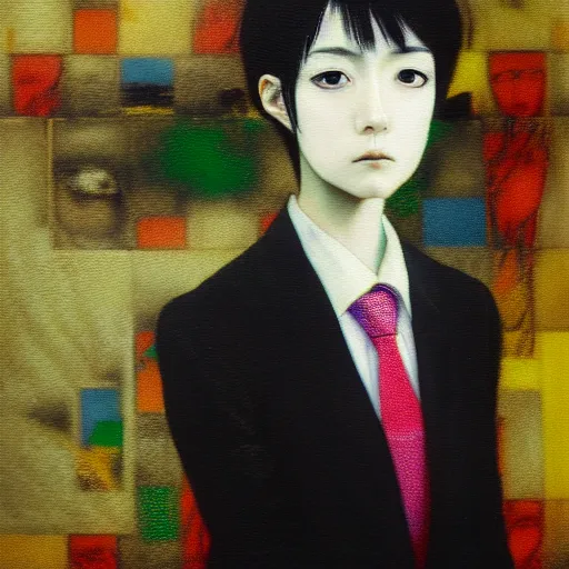 Image similar to yoshitaka amano blurred and dreamy realistic three quarter angle portrait of a young woman with short hair and black eyes wearing office suit with tie, junji ito abstract patterns in the background, satoshi kon anime, noisy film grain effect, highly detailed, renaissance oil painting, weird portrait angle, blurred lost edges