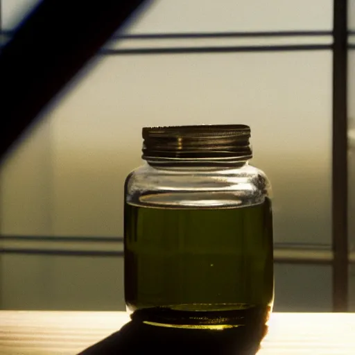 Prompt: a close - up of a gpu preserved in a jar of olive oil, sun rays shining through window, cinematic shot, photo still from movie by denis villeneuve