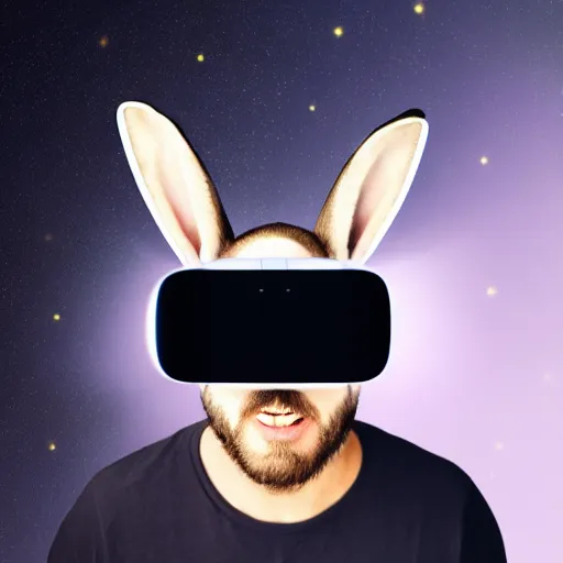 Image similar to a rabbit wearing a virtual reality head-mounted-display, digital portrait, black background with stars