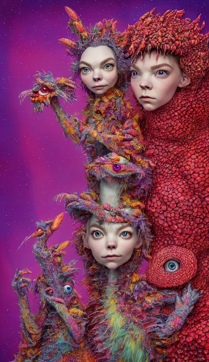 Image similar to hyper detailed 3d render like a Oil painting - kawaii portrait of two Aurora (a beautiful skeksis muppet fae queen protective mother from dark crystal that looks like Anya Taylor-Joy) seen red carpet photoshoot in UVIVF posing in scaly dress to Eat of the Strangling network of yellowcake aerochrome and milky Fruit and His delicate Hands hold of gossamer polyp blossoms bring iridescent fungal flowers whose spores black the foolish stars by Jacek Yerka, Ilya Kuvshinov, Mariusz Lewandowski, Houdini algorithmic generative render, Abstract brush strokes, Masterpiece, Edward Hopper and James Gilleard, Zdzislaw Beksinski, Mark Ryden, Wolfgang Lettl, hints of Yayoi Kasuma and Dr. Seuss, octane render, 8k