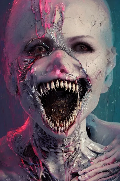 Prompt: portrait of a melting punk girl. razor sharp teeth. intricate abstract. intricate artwork. nightmare fuel. terrifying. by Tooth Wu, wlop, beeple, dan mumford. octane render, trending on artstation, greg rutkowski very coherent symmetrical artwork. cinematic, hyper realism, high detail, octane render, 8k, iridescent accents