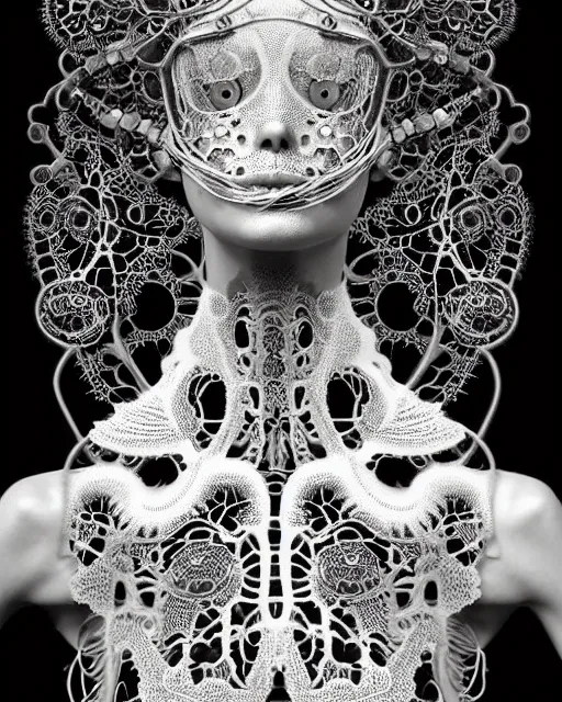 Image similar to surreal black and white photo portrait of complex bio-mechanical beautiful young female vegetal-cyborg with a Mandelbrot fractal steampunk metal fine lace face, a very long neck and a fine metal floral foliage super big lace collar by Alexander McQueen:: smoke, high fashion, haute couture, rococo, steampunk, silver filigree details, anatomical, facial muscles, cable wires, microchip, elegant, dreamy, foggy atmosphere, hyper realistic, 150 mm lens, soft rim light, octane render, unreal engine, picture was taken in 1910 by Man Ray, volumetric lighting, dramatic light,8k,