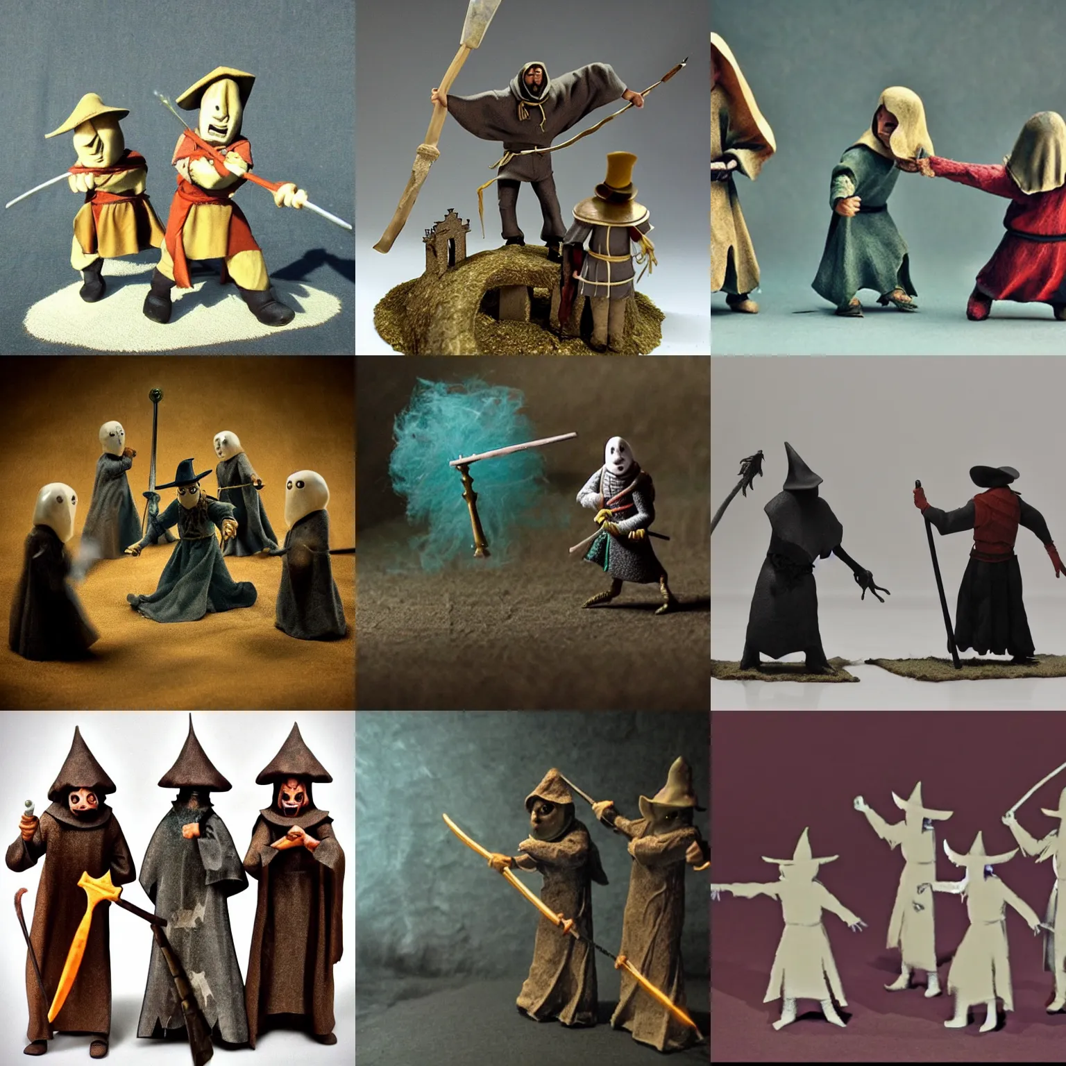 Prompt: funny medieval mage fighting ghosts, stop - motion figures