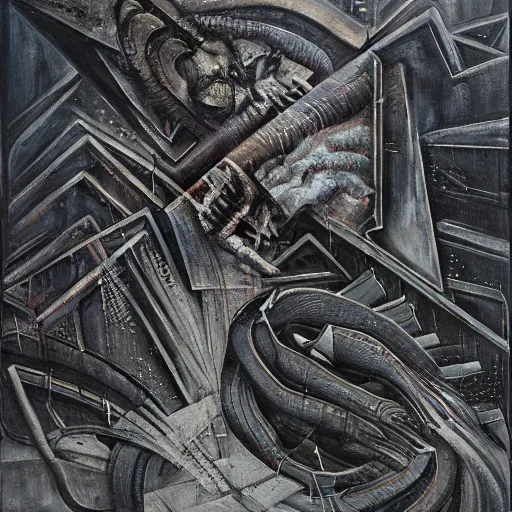 Prompt: concrete limbo and scratched dreams, a painting by h. r giger