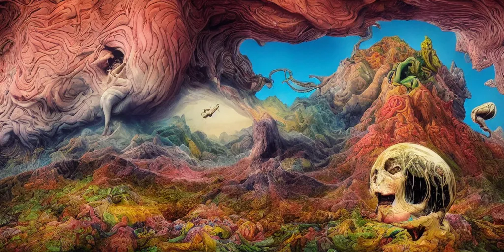 Image similar to ultrawide angle colour masterpiece surreal closeup portrait photography of surrealism by annie leibovitz and michael cheval, god mountain hybrid laying down, incredible sense of depth and perspective and clarity, weird surreal epic psychedelic complex biomorphic 3 d fractal landscape in background by kilian eng and roger dean and giger and salvador dali and beksinski, 8 k