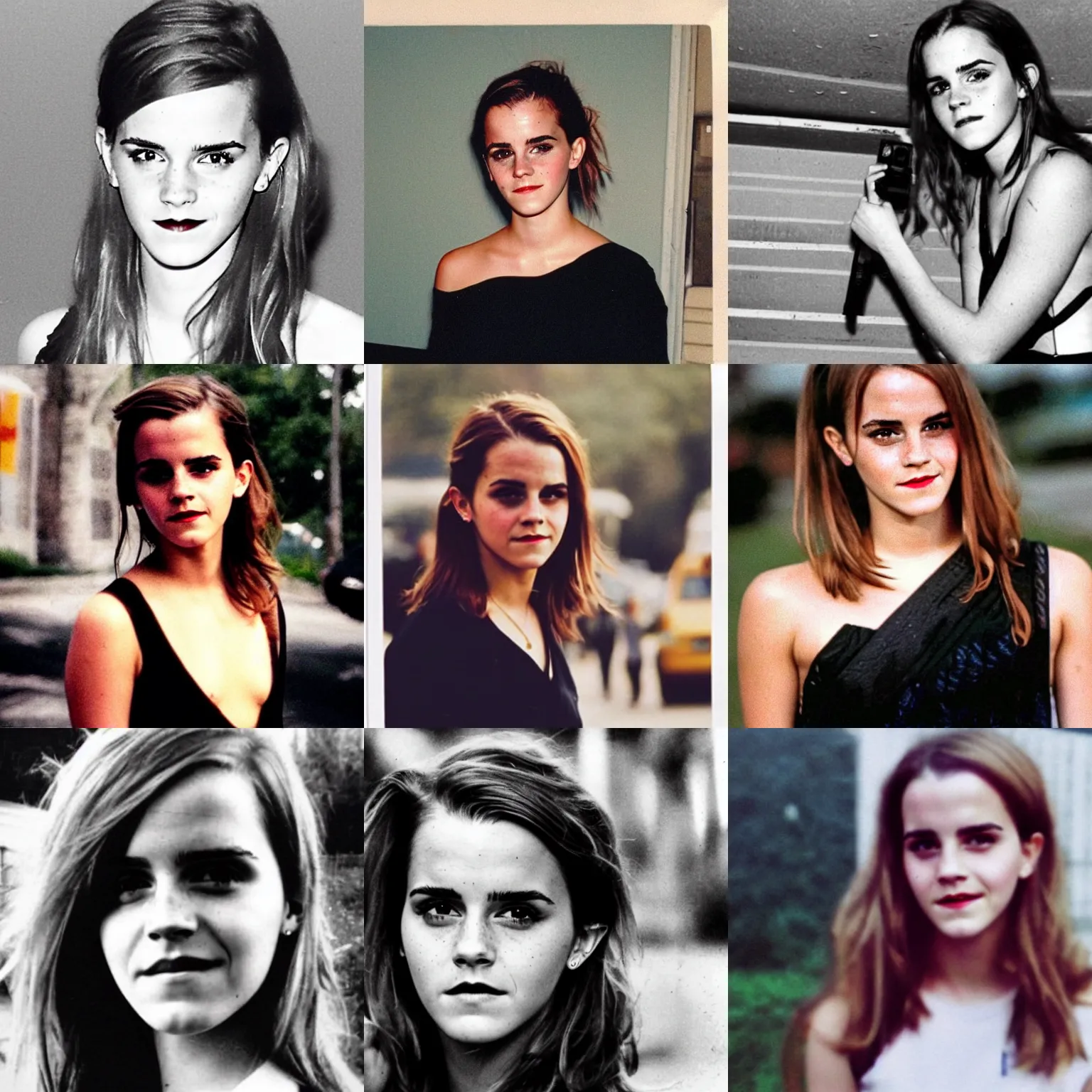 Prompt: A disposable camera picture of an old photograph of Emma Watson found in the trash