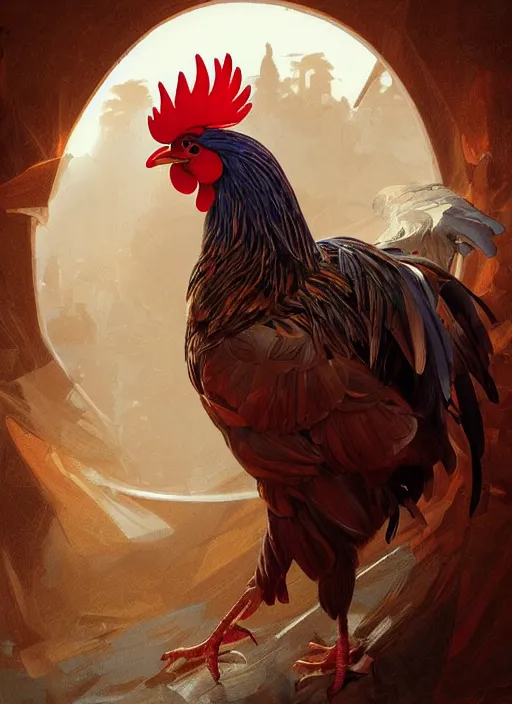 Image similar to full figure ultra realistic illustration, rooster, beautiful, intricate, elegant, highly detailed, digital painting, artstation, concept art, smooth, sharp focus, illustration, art by artgerm and greg rutkowski and alphonse mucha