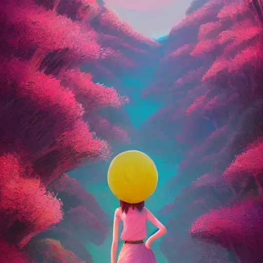 Image similar to giant cherry blossom flower as a head, girl walking in a canyon, surreal photography, sunrise, dramatic light, impressionist painting, colorful clouds, digital painting, artstation, simon stalenhag