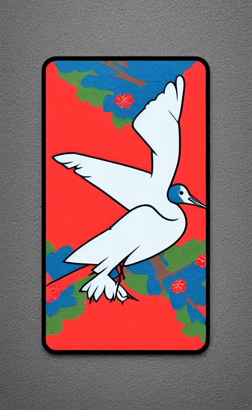 Prompt: poker card style, simple, modern look, solid colors, colorful, japanese crane bird in center, pines symbol in the corners, front game card, vivid contrasts, for junior, smart design