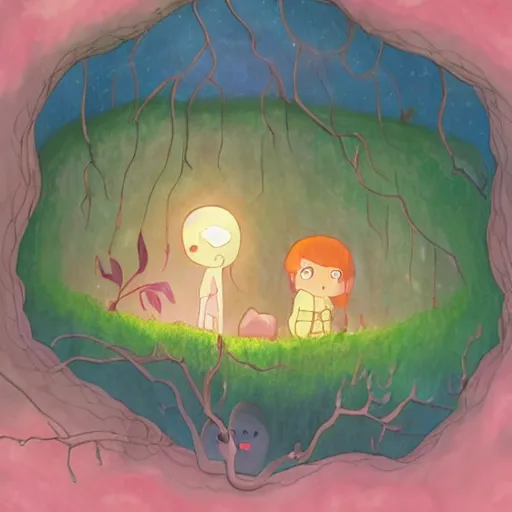 Image similar to a faerie and firefly couple living inside a hollow in a tree, masterpiece soft focus painting by kerascoet by marie pommepuy and sebastien cosset by studio ghibli, dynamic lighting