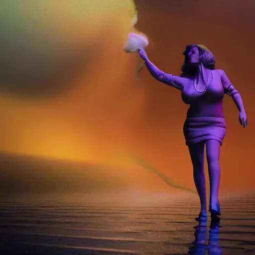 Prompt: a 1 9 7 0's arthouse film octane render by geoff johns and joe jusko and thomas kinkade, a woman wrapped in a cloud of colorful smoke, walking across a reflective pool of silver liquid at sunset, cinema 4 d, 4 k, volumetric lighting, ray traced lighting, unreal engine 5 render, ultra - detailed, photorealistic