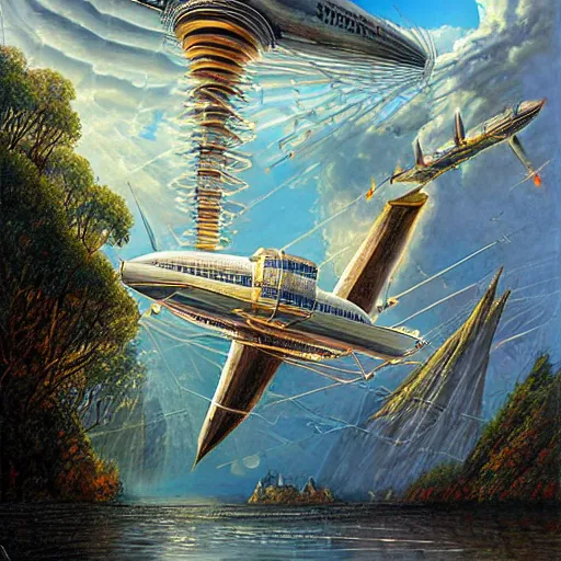 Prompt: airship taking off from soaring towers and lace bridges, under outer world forrest, rivers and lakes, art by Dmitry Dubinsky