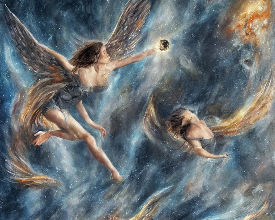 Prompt: angel falling to black hole, very high resolution images, very fine details, very realistic looking, rennaissance style painting, drawn by yulia iosilzon, and simone graci