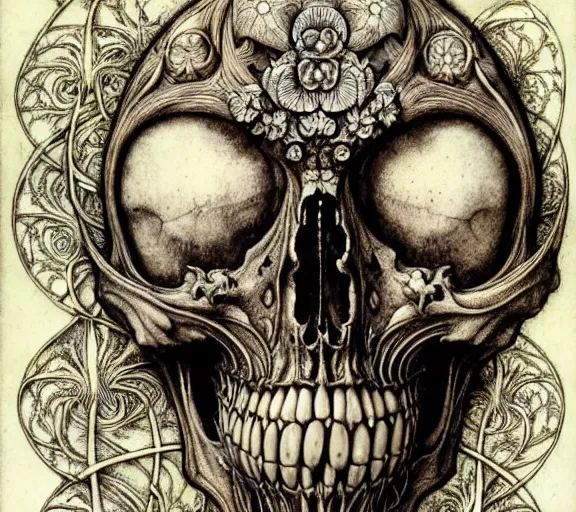 Image similar to memento mori by arthur rackham, art forms of nature by ernst haeckel, exquisitely detailed, art nouveau, gothic, ornately carved beautiful skull dominant, intricately carved antique bone, art nouveau botanicals, ornamental bone carvings, art forms of nature by ernst haeckel, horizontal symmetry, arthur rackham, ernst haeckel, symbolist, visionary