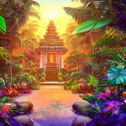 Image similar to a jungle temple surrounded by giant beautiful tropical flowers, photography, golden hour, bokeh, gamma, 8 k, full - hd, volumetric light, artstation, by bob byerley