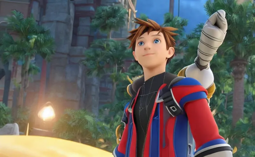 Image similar to Tom Holland as Sora in 'Kingdom Hearts: Fate of Light' (2017), movie still frame, oscar nominated cinematography, volumetric lighting, 8k resolution