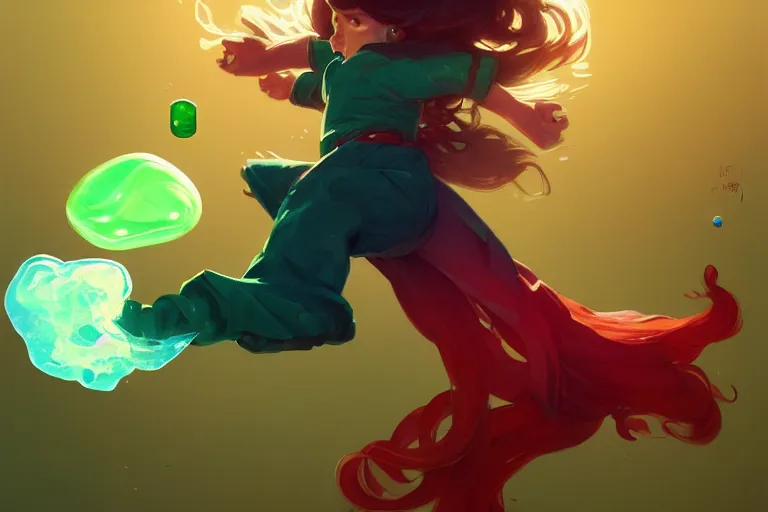 Image similar to madeline from celeste jumping to a green jelly bubble, blue bubble jacket red long hair, highly detailed, digital painting, artstation, concept art, sharp focus, illustration, art by greg rutkowski and alphonse mucha