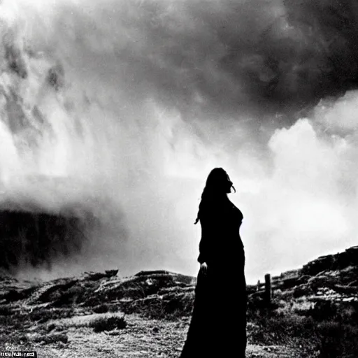 Image similar to 1 9 7 0's artistic spaghetti western movie, a woman in a giant billowy wide flowing waving dress made out of white smoke, standing inside a dark western rocky scenic landscape, volumetric lighting, backlit, moody, atmospheric