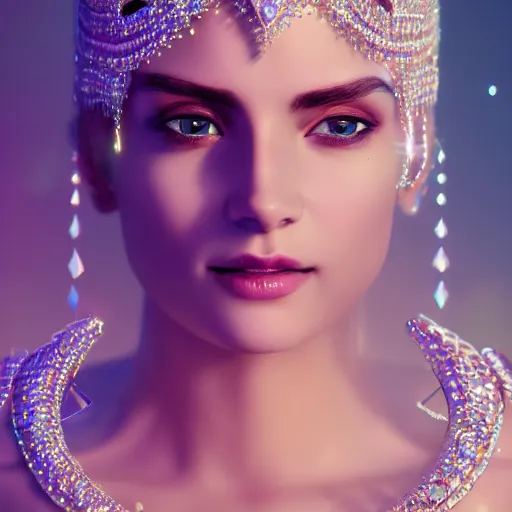 Image similar to portrait of wonderful princess of diamond with fair skin, ornate with diamonds, 8 k, gorgeous, intricate, detailed, glowing white accent lighting, dramatic lighting, octane render