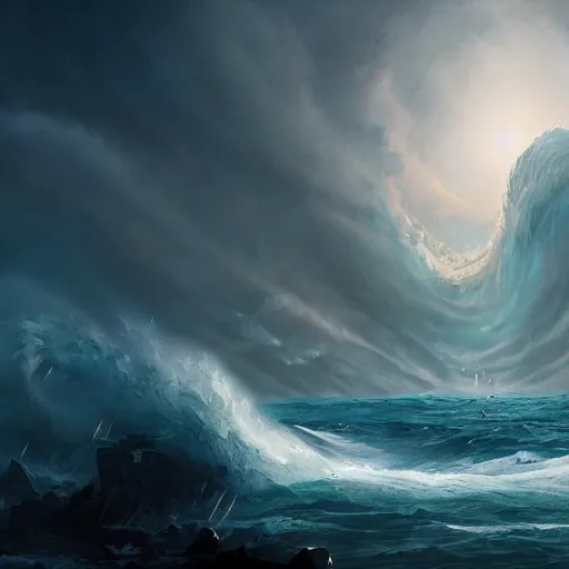 Image similar to tsunami attack, sea, epic fantasy style, in the style of Greg Rutkowski, mythology artwork