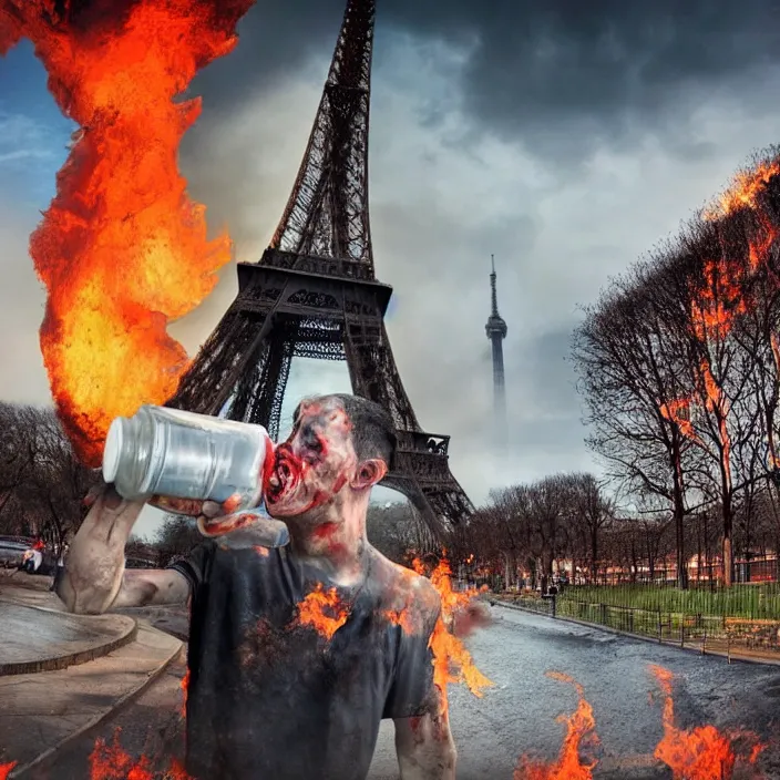 Image similar to zombie drinking water with eifel tower on fire photo realistic