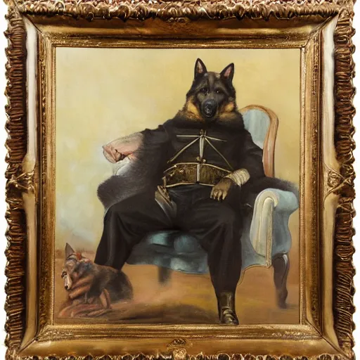 Image similar to a oil painting of a anthropomorphic german shepherd beast - man, wearing military outfit, sitting on an armchair