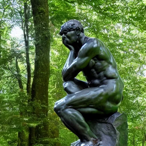 Prompt: The thinker sculpture by auguste rodin with mushrooms at the base , placed in a lush forest