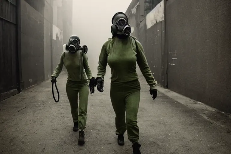 Prompt: fit badass woman in a gas mask walking oh out of a green haze In an alley by Emmanuel Lubezki