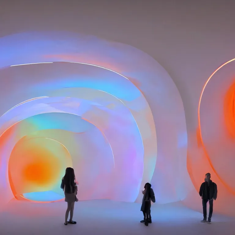 Prompt: conceptual artist performance of'blue and orange'gradient pattern colors light projection onto a few giant human eye models in a cramped art gallery by james turrell, high contrast hyperrealism trending on arstation 8 k