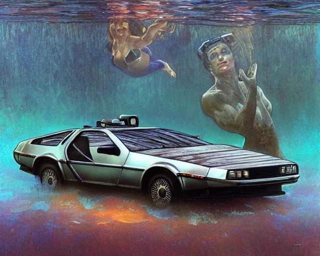 Image similar to delorean rusting submerged under water, cinematic, photoreal, by greg rutowski, by alphonse mucha, by stanley artgerm