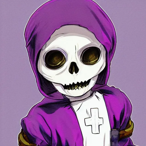 Image similar to cute little boy wearing an skull mask and dressed in an nun outfit, purple color palette, artwork made in heikatsu art syle, inspired in made in abyss and hirohiko araki, ray tracing, soft details