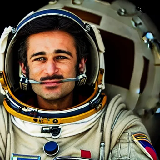 Image similar to close - up of a kurdish astronaut in a movie directed by christopher nolan, movie still frame, promotional image, imax 7 0 mm footage