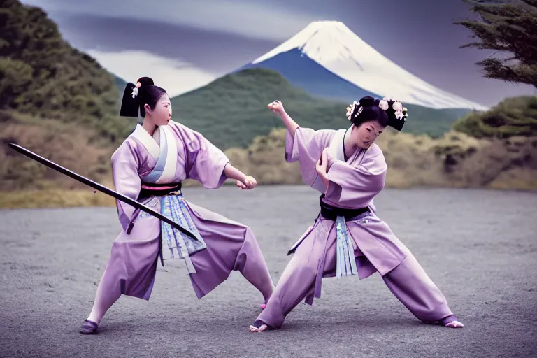 Image similar to beautiful photo of a geisha samurai warrior, mt fuji in the background, mid action swing, shining silver katana sword, award winning photo, muted pastels, action photography, 1 / 1 2 5 shutter speed, dramatic lighting