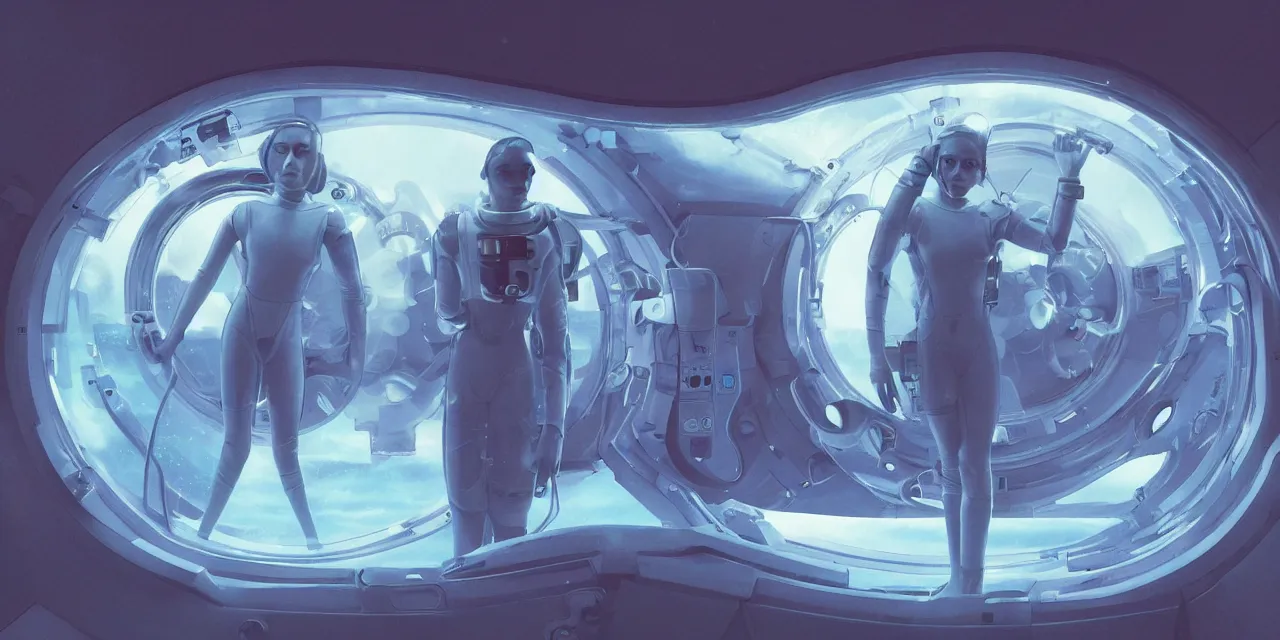 Image similar to Zoe Kravitz futuristic astronaut, inside large window of ship, spacesuit with small led lights, underwater in the ocean at night, clear water, bubbles, volumetric lighting, glowing lights, 4k, octane, digital painting, artstation, concept art, sharp focus, illustration, high contrast, high saturation , cinematic film still, art by artgerm and greg rutkowski and alphonse mucha , wide angle view,