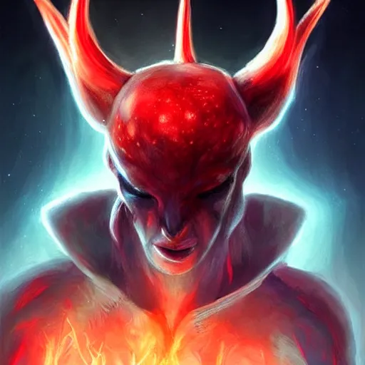 Prompt: realistic alien with horns. red eyes, human eyes, background flames, by ross tran