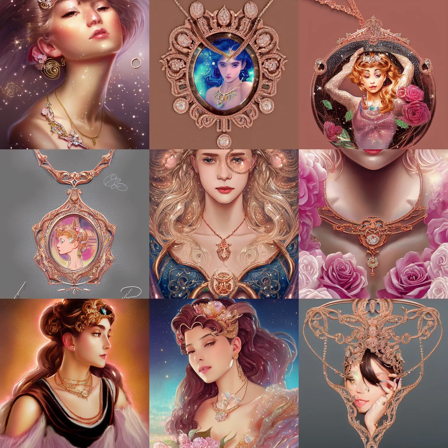 Prompt: a beautiful photorealistic Tiffany Diamond Necklace made of rose gold glowing in sparkles with heavenly notes Neo Rococo, highly detailed sailor moon aesthetic, fantasy, intricate, elegant, highly detailed, digital painting, artstation, concept art, matte, sharp focus, illustration, Artgerm and Greg Rutkowski and Alphonse Mucha