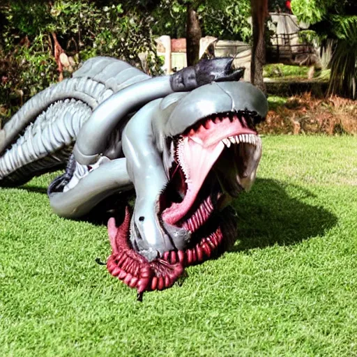 Image similar to drooling smooth xenomorph from the movie aliens IV with a small wet dog in its mouth. Suburban backyard. Production photograph from horror sci-fi film.