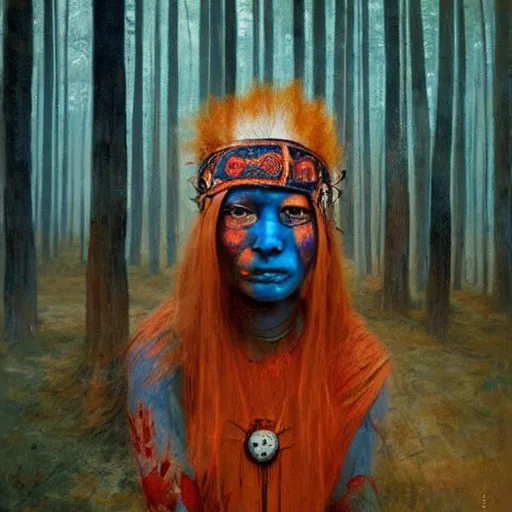 A young blindfolded shaman woman with a decorated, Stable Diffusion