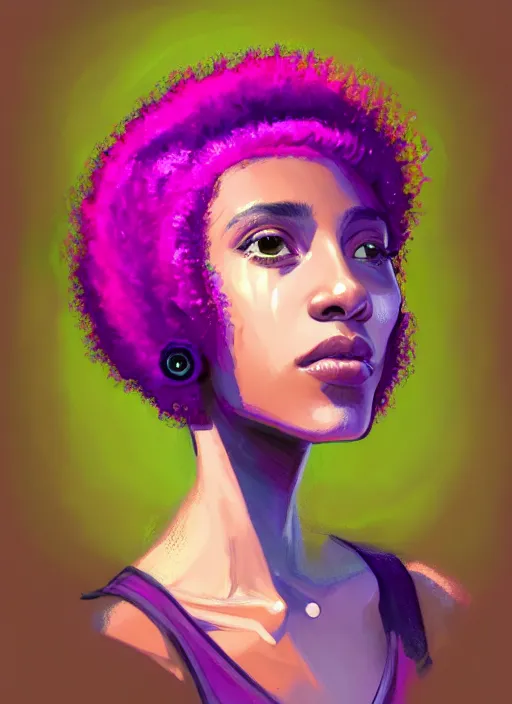 Image similar to portrait of teenage vanessa morgan with bright pink hair, black girl, curly pixie cut hair, wearing a purple breton cap, breton cap, hoop earrings, intricate, elegant, glowing lights, highly detailed, digital painting, artstation, concept art, smooth, sharp focus, illustration, art by wlop, mars ravelo and greg rutkowski