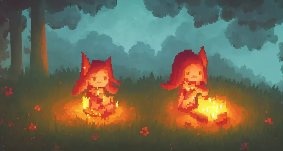 Prompt: Pixelart of a small cute witch sitting at a cozy bonfire in the forest meadow under starry sky, volumetric lighting, glowing lights, 4k, octane, digital pixel art, pixiv, by Aenami