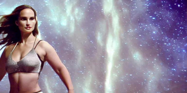 Prompt: film still of curvy natalie portman, focus on facial - detail!!!!!!, walking on an invisible bridge, similar to the bifrost, toward an endless abyss in space, wearing a white flowy bikini inspired by ancient roman clothing, beautiful astronomical background with galaxies and nebulas, lack of sunlight, 8 k resolution, cinematic lighting, anatomically correct, by christopher nolan