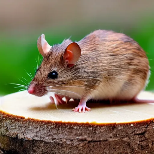 Prompt: a wooden field mouse on a piece of cheese