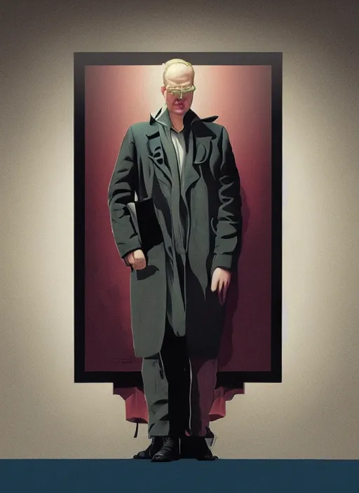 Image similar to poster artwork by Michael Whelan and Tomer Hanuka, Karol Bak of Jim Gaffigan hitman in peacoat chewing bubblegum, from scene from Twin Peaks, clean, simple nostalgic, domestic, norman rockwell