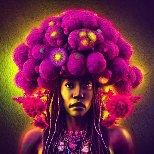 Prompt: female african marijuanna! shaman with an afro made of flowers, third eye art art by machina infinitum, complexity from simplicity, rendered in octane, mandelbulb 3 d, ambient occlusion, macro photography, felt!!! texture, tribal, neon! retrowave