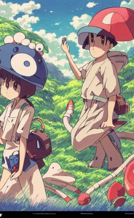 Image similar to a pocket monster go card from 1 9 5 0, illustration, clear sky background, lush landscape, concept art, anime key visual, trending pixiv fanbox, by wlop and greg rutkowski and makoto shinkai and studio ghibli and kyoto animation and ken sugimori, symmetrical facial features, cute beetle pet companion, box art